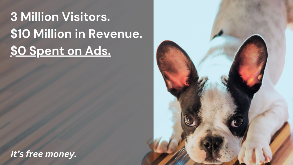 3 million visitors in 2020, $10 million total revenue, $0 spent on ads.