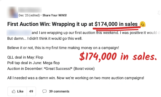 Skool post titled "First Auction Win: Wrapping it up at $174,000 in sales", underlined in red marker, with a red handwritten note: "$174,000 in sales." Names and avatars blurred.