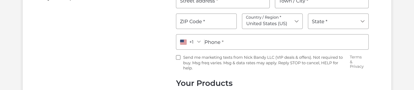 Optional, unticked marketing SMS consent checkbox on nickbandy.com