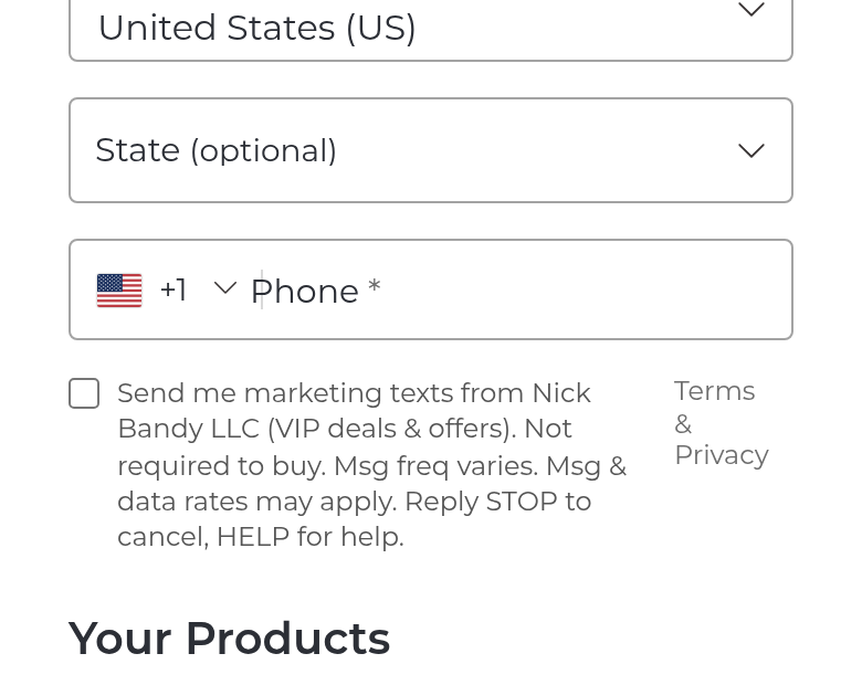 Optional, unticked marketing SMS consent checkbox on nickbandy.com