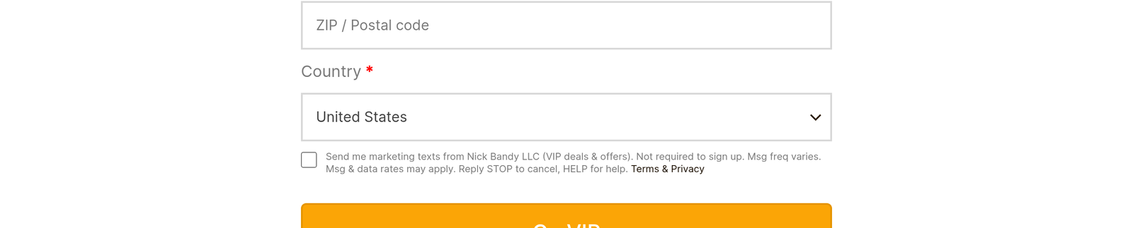 Optional, unticked marketing SMS consent checkbox on nickbandy.com