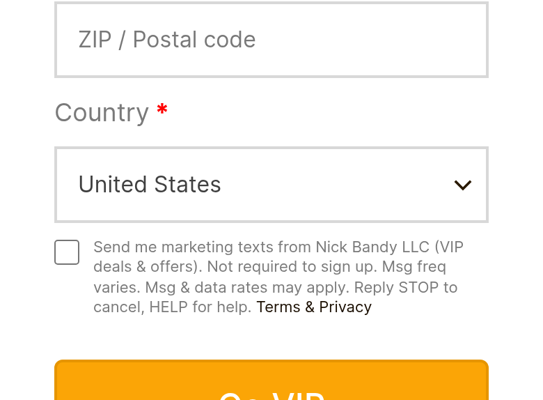 Optional, unticked marketing SMS consent checkbox on nickbandy.com